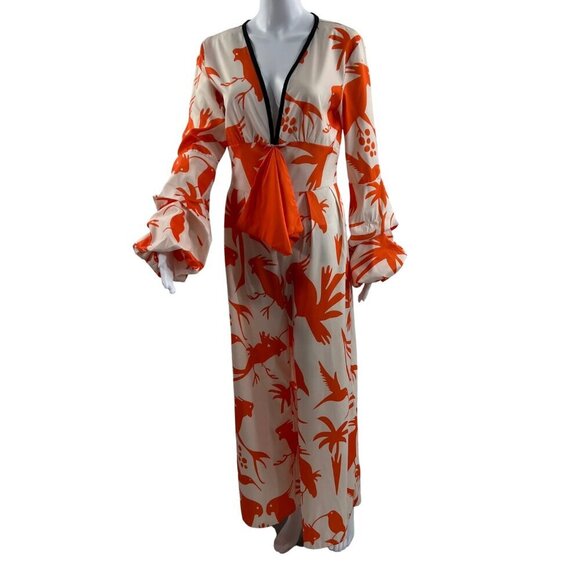 OC Order Womens S Poet Sleeve Bird Print Jumpsuit Deep Neck Wide Leg Resort Wear - Picture 2 of 16